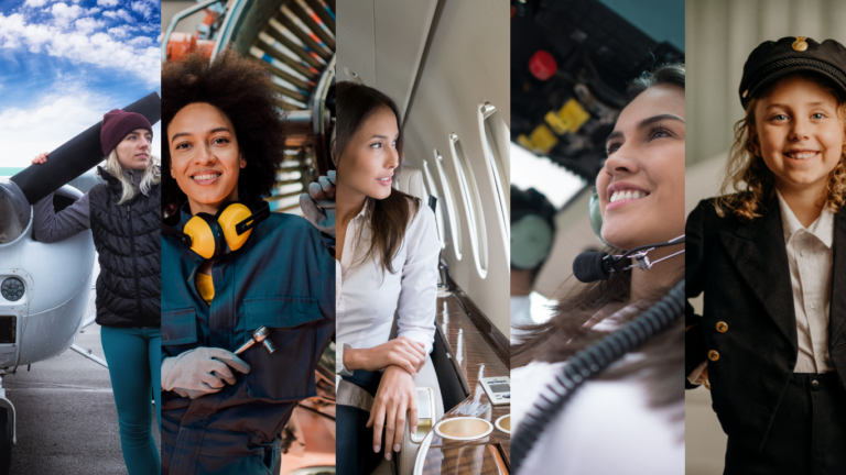 Left to right; woman holding plane prop, female engineer in front of plane engine, women in business jet cabin, female helicopter pilot, girl in pilot's uniform